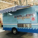blue and white awnings for a blue ice cream truck - standard awnings - concave awnings - aluminum awnings - carports - store front awnings - patio shades