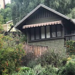 brown stripe awning for a green house covered in plants - custom awnings - custom awnings near me - custom awnings for decks - custom awnings for business - custom door awnings near me - spear awnings - aluminum awnings - dome awnings