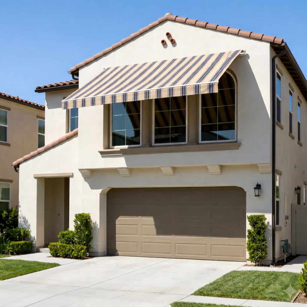 A retractable striped awning partially extended over windows, improving a West Hollywood home's curb appeal.