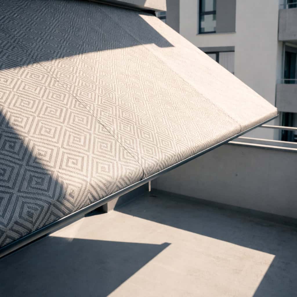 Close-up of durable, UV-resistant fabric awning providing shade on a modern balcony.