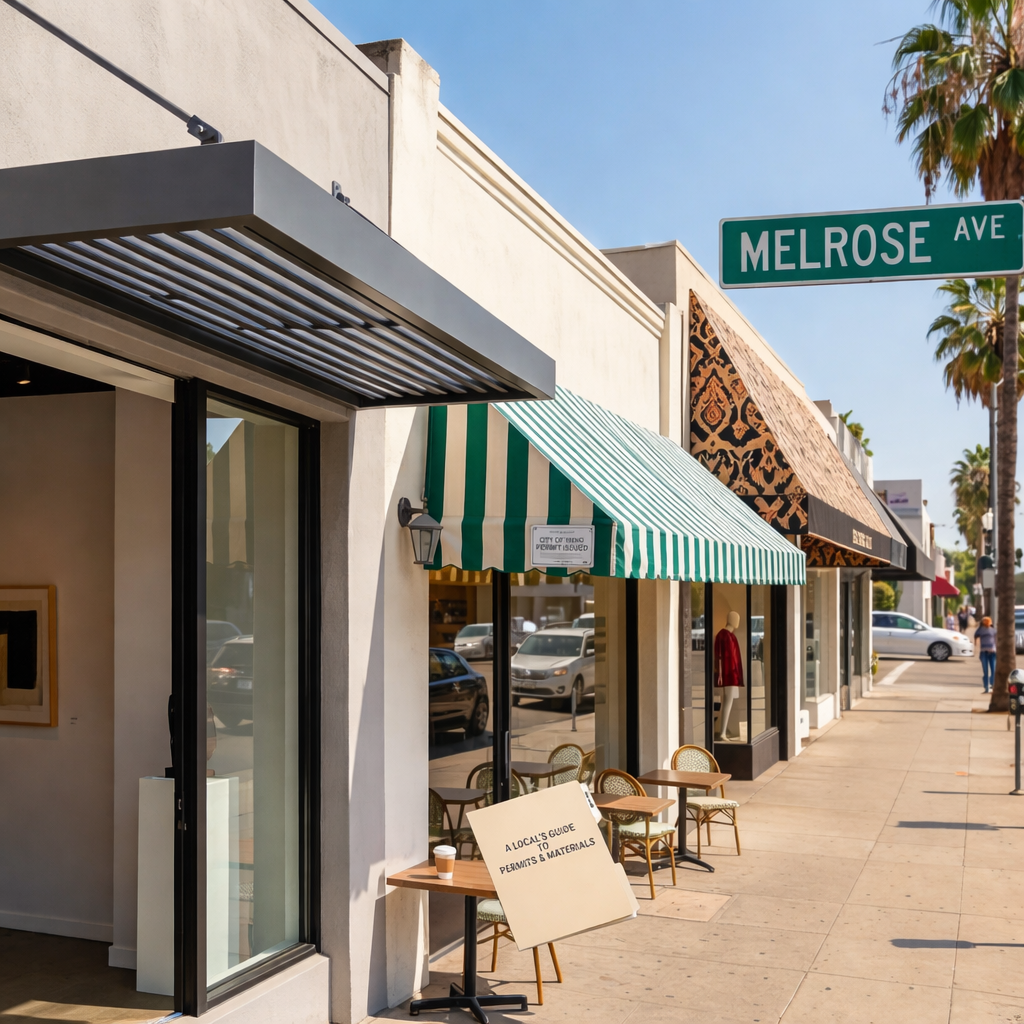 A West Hollywood street view featuring different custom awnings.