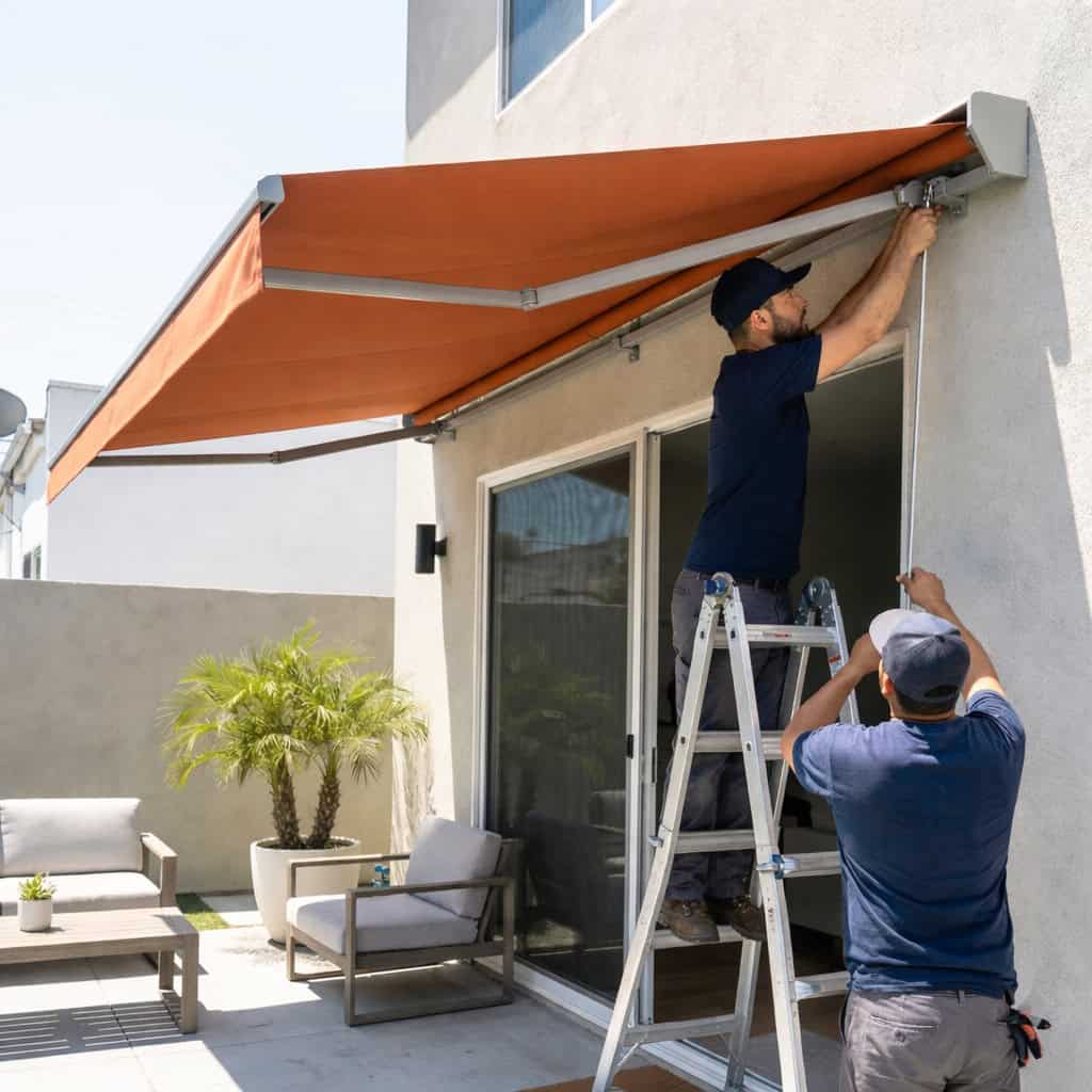 Two professionals installing a custom orange retractable awning over a residential patio door.