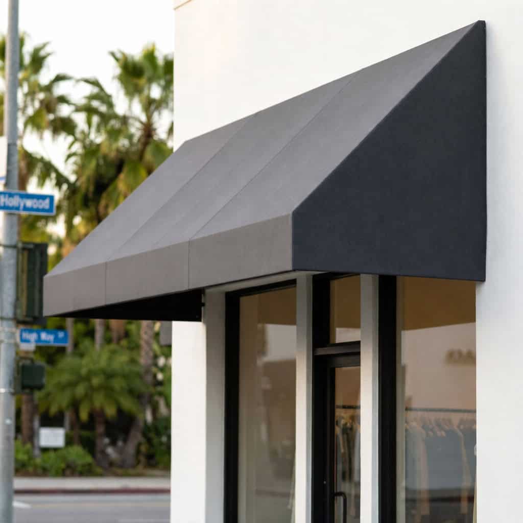 Custom charcoal fabric awning over a stylish boutique entrance in West Hollywood.