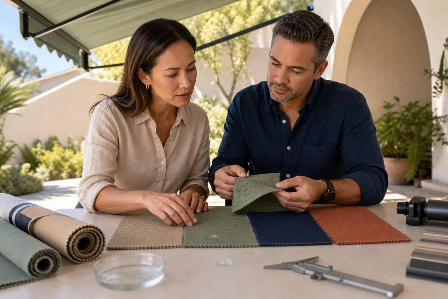 Homeowner and awning consultant compare outdoor fabric swatches and material specifications.