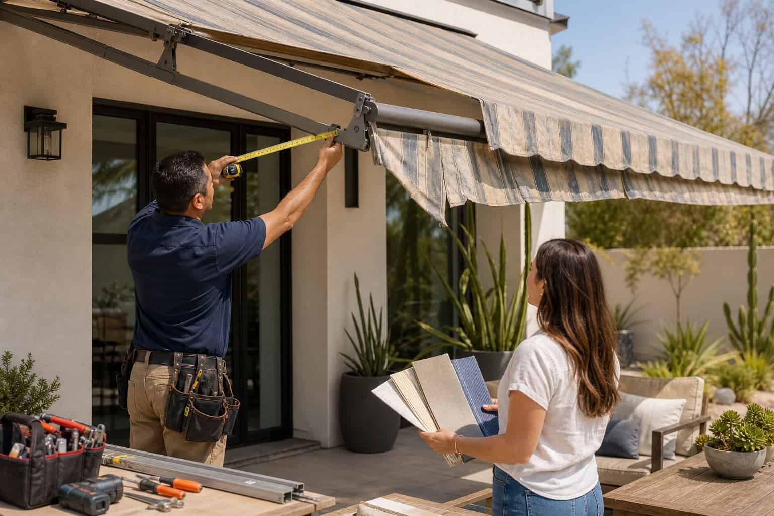 Installer measures a weathered patio awning while a homeowner compares replacement fabrics.
