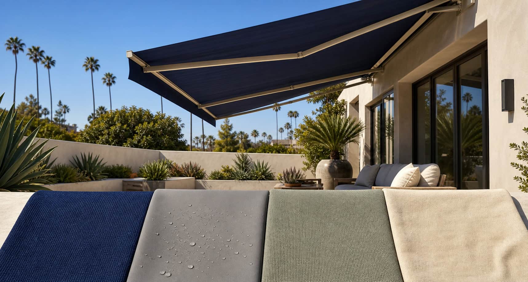 Four awning fabrics beneath a Los Angeles patio awning.