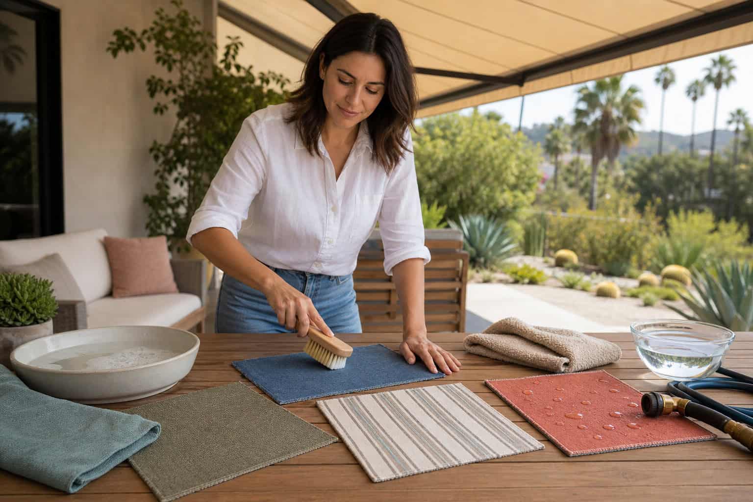 Homeowner gently cleans four awning fabric samples with a soft brush and mild soap.