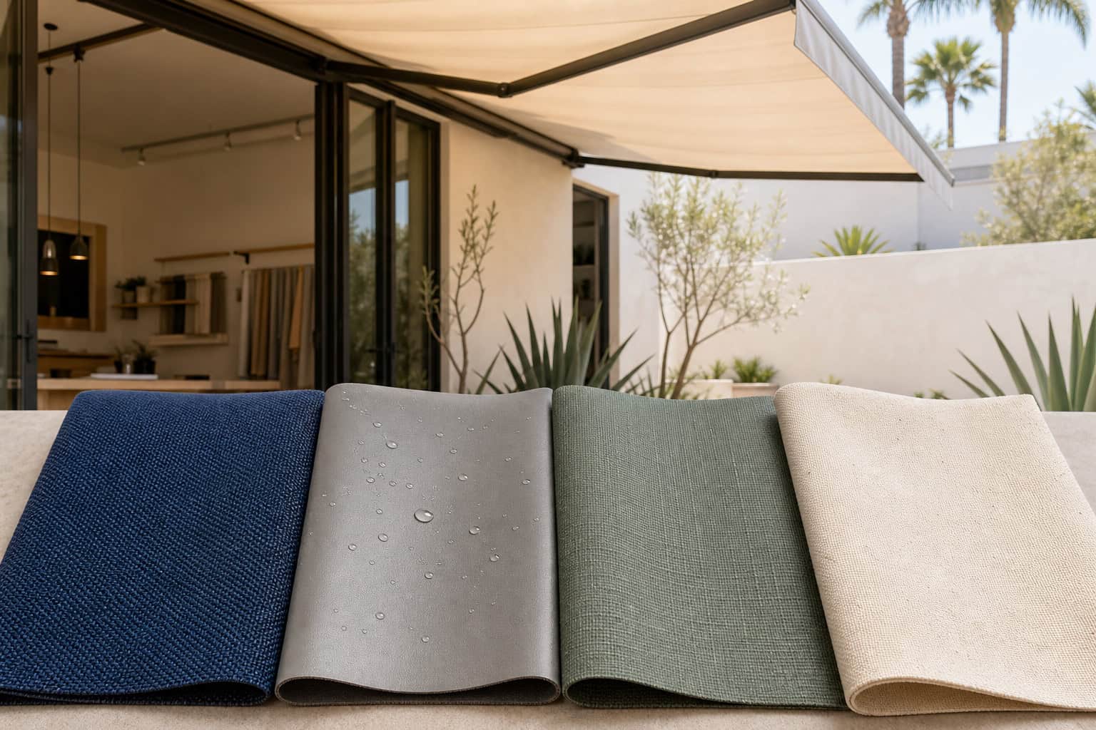 Four distinct awning fabrics displayed beneath a sunlit Los Angeles patio awning.